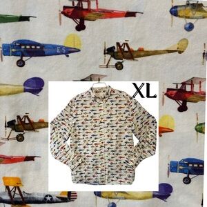 H&M L.O.G.G. White Airplane Print Button Down Shirt Mens XL Cotton Multicolor